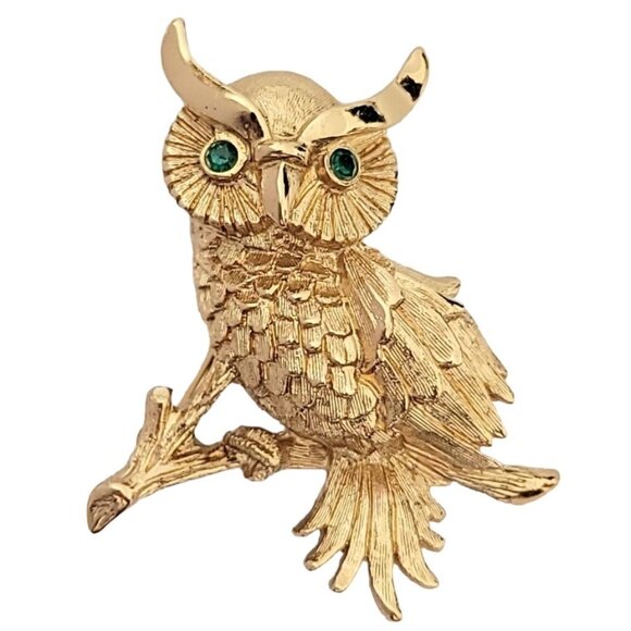 Monet Gold Tone Green Rhinestone Eyes Owl Brooch Pin, Signed M109 - Picture 1 of 9